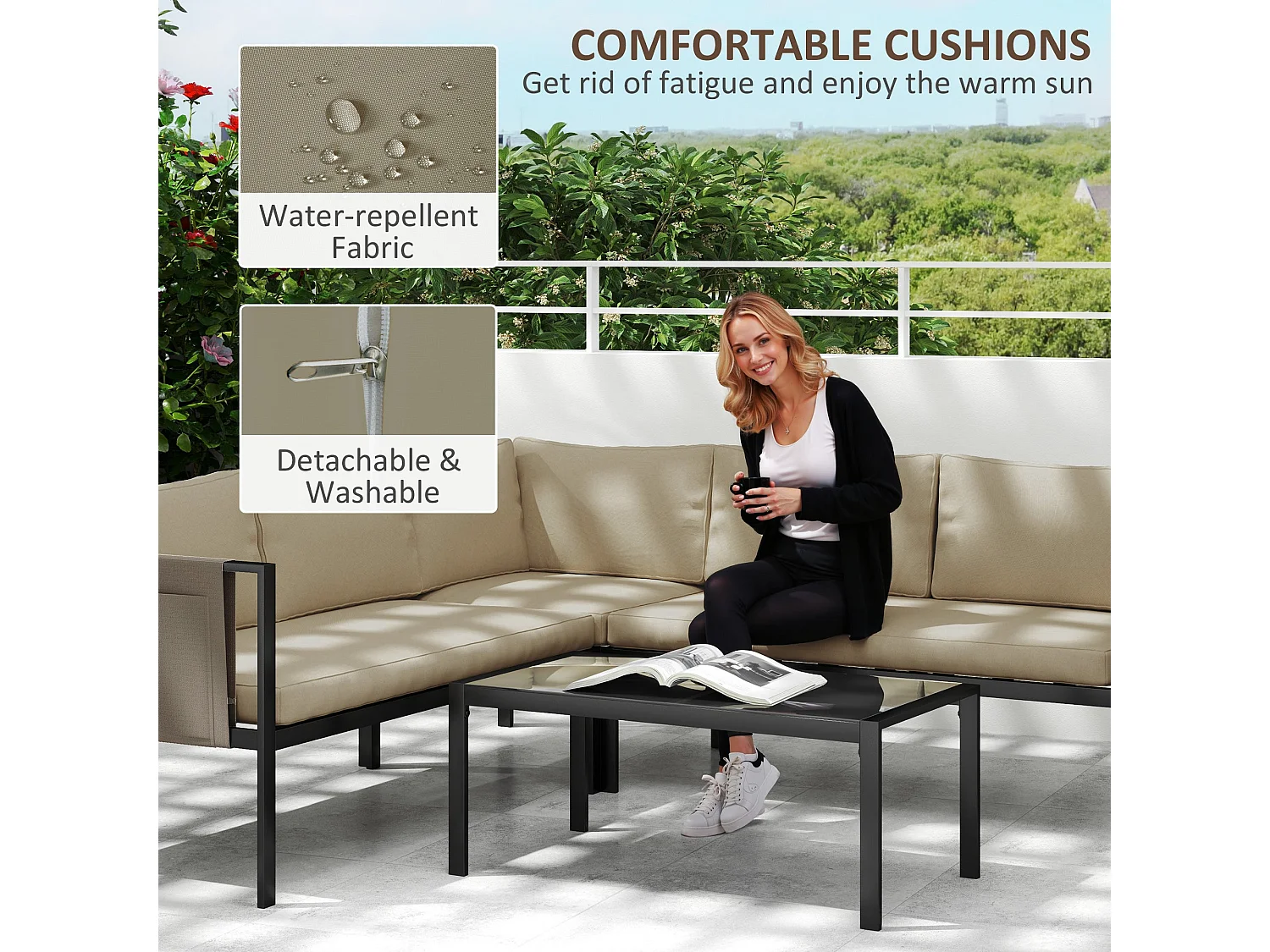 Cichetti 5 Seater Corner Garden Sofa Set with Glass Top Coffee Table and Cushions
