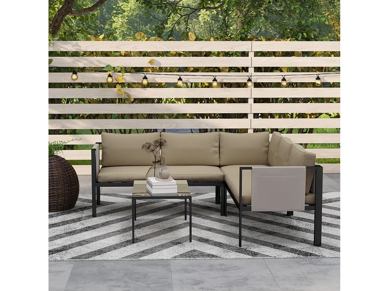 Cichetti 5 Seater Corner Garden Sofa Set with Glass Top Coffee Table and Cushions