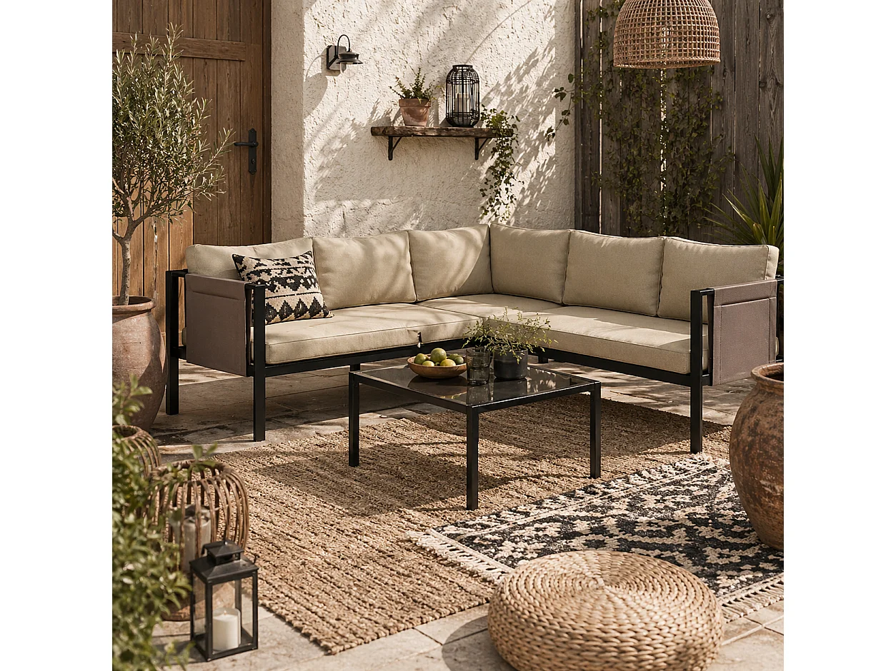 Cichetti 5 Seater Corner Garden Sofa Set with Glass Top Coffee Table and Cushions