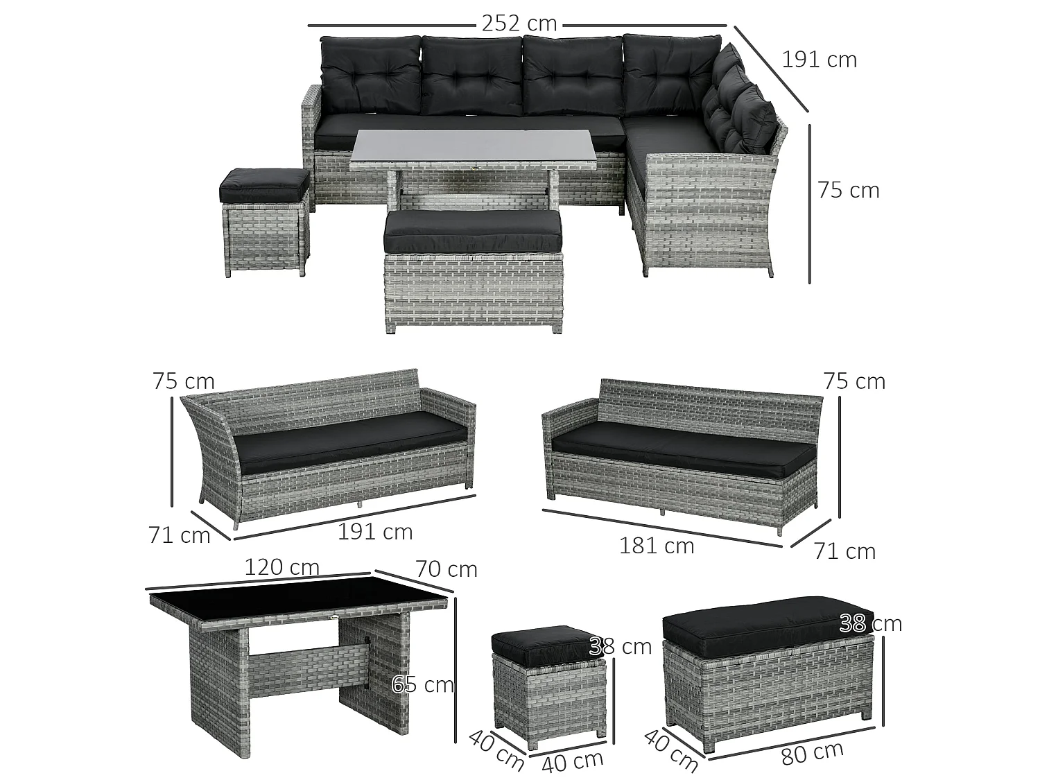 Sakale Mixed Grey Rattan 9 Seater Garden Sofa Set with Footstools and Glass Top Coffee Table