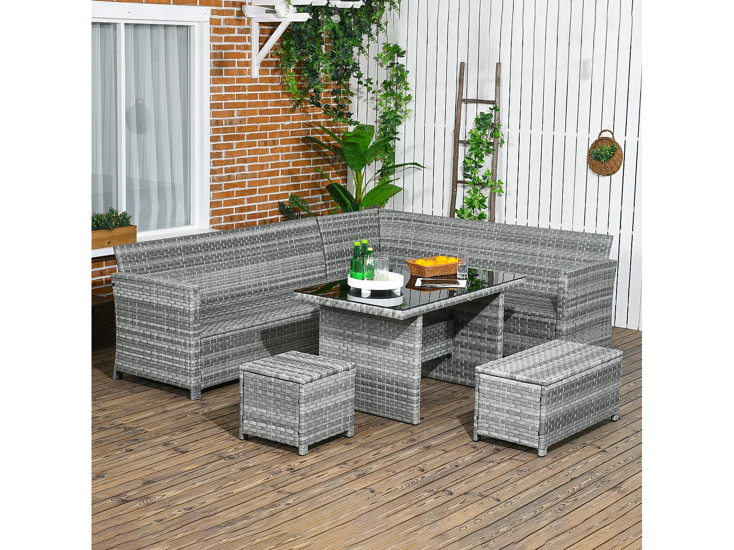 Sakale Mixed Grey Rattan 9 Seater Garden Sofa Set with Footstools and Glass Top Coffee Table