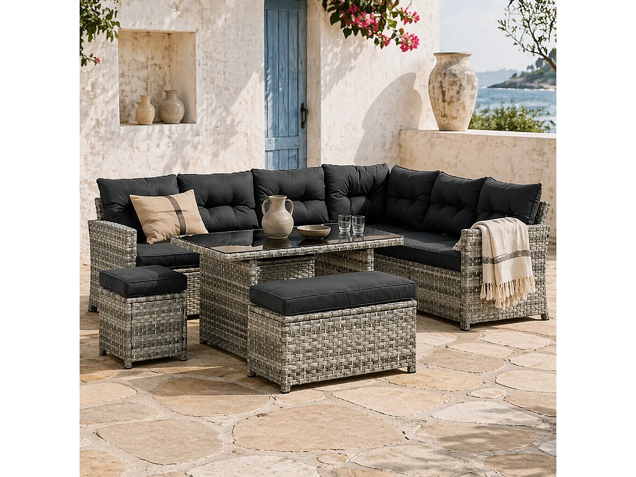 Sakale Mixed Grey Rattan 9 Seater Garden Sofa Set with Footstools and Glass Top Coffee Table