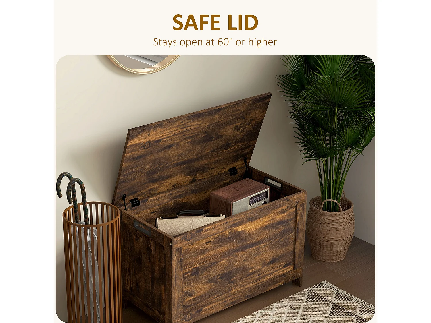 Vesoka Sake Rustic Brown Wooden Storage Chest with Safety Hinges 76 x 40 x 48cm