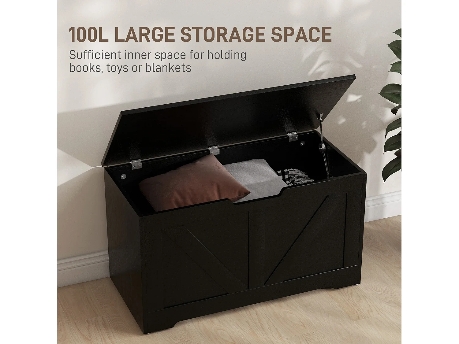 Kamari 100L Black Wood Effect Storage Chest with Safety Hinges