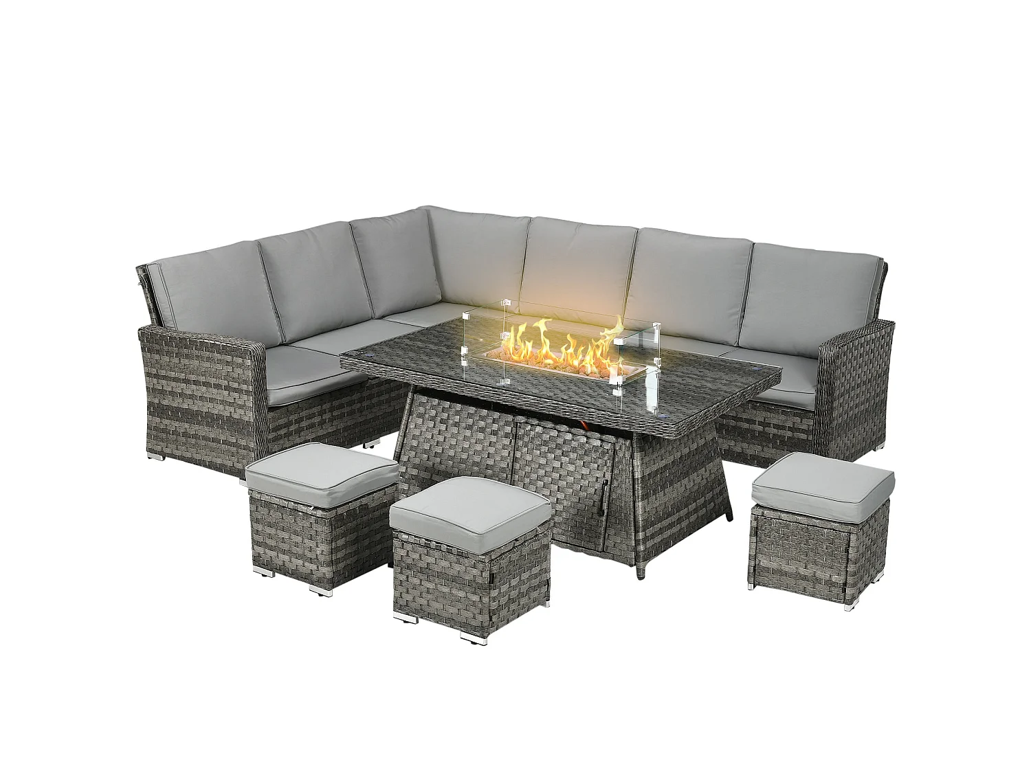 Virire Grey Faux Rattan 9 Seater Garden Sofa Set with Integrated Gas Fire Pit Table