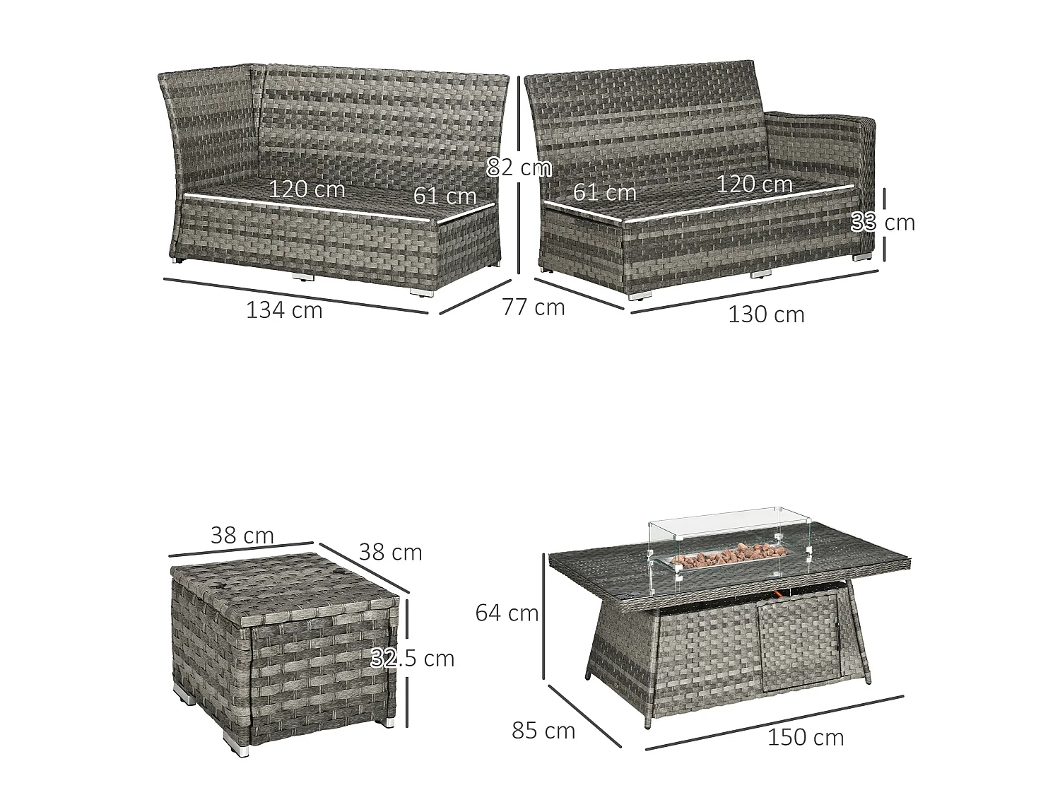 Virire Grey Faux Rattan 9 Seater Garden Sofa Set with Integrated Gas Fire Pit Table