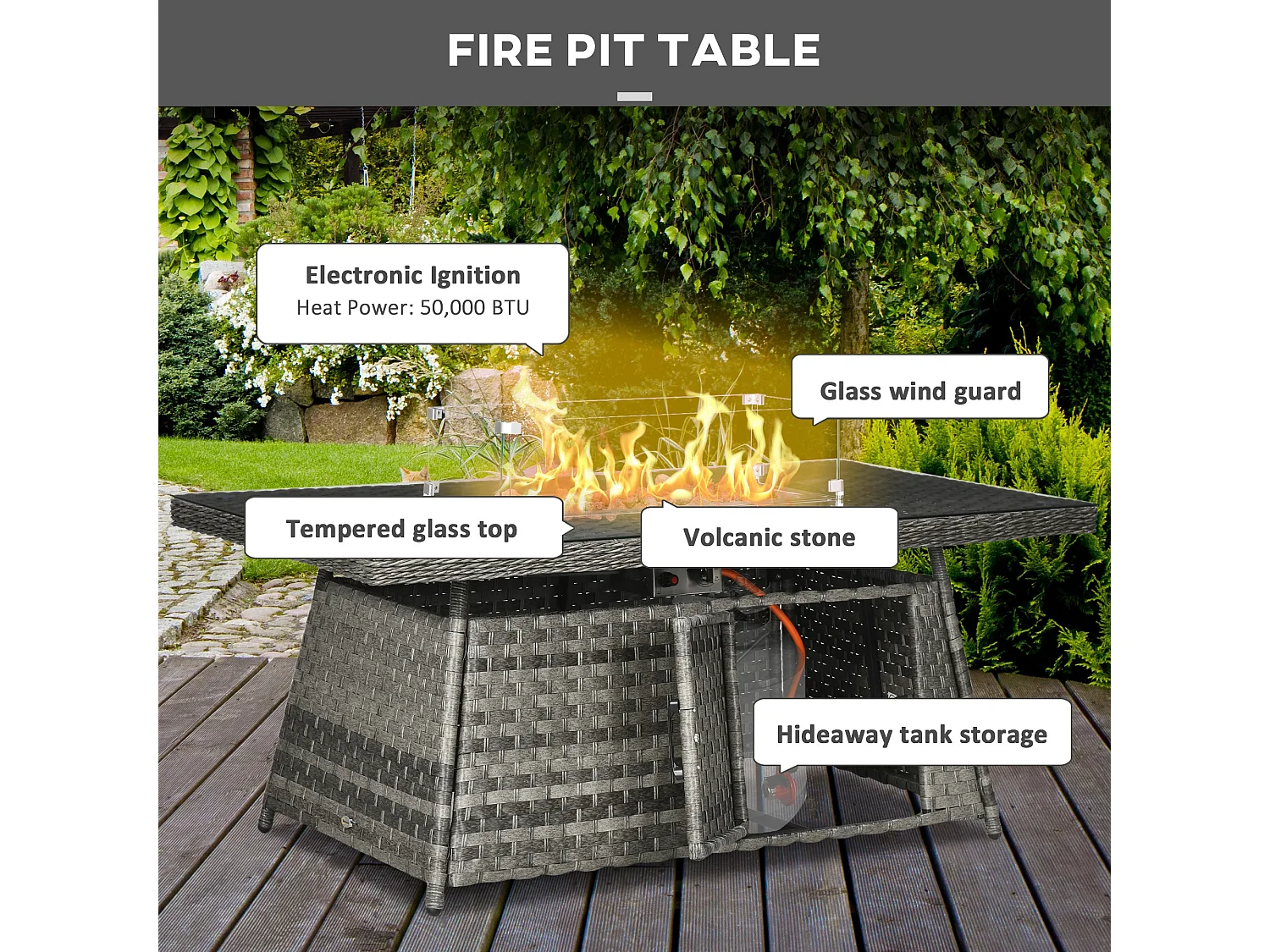 Virire Grey Faux Rattan 9 Seater Garden Sofa Set with Integrated Gas Fire Pit Table