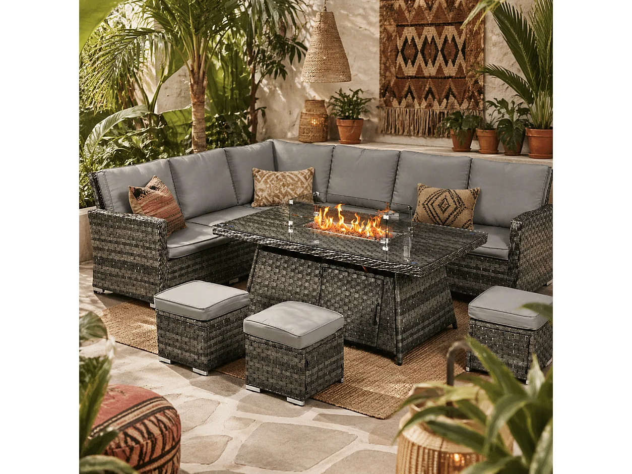 Virire Grey Faux Rattan 9 Seater Garden Sofa Set with Integrated Gas Fire Pit Table