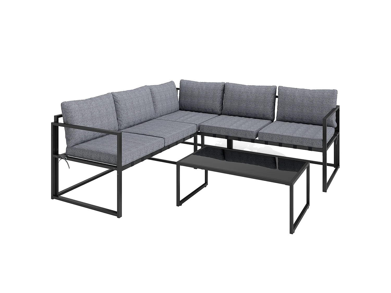 Liketti 5 Seater L Shaped Garden Sofa Set Grey and Black Cushions and Tempered Glass Table