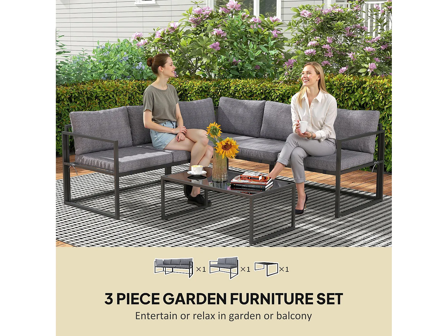 Liketti 5 Seater L Shaped Garden Sofa Set Grey and Black Cushions and Tempered Glass Table