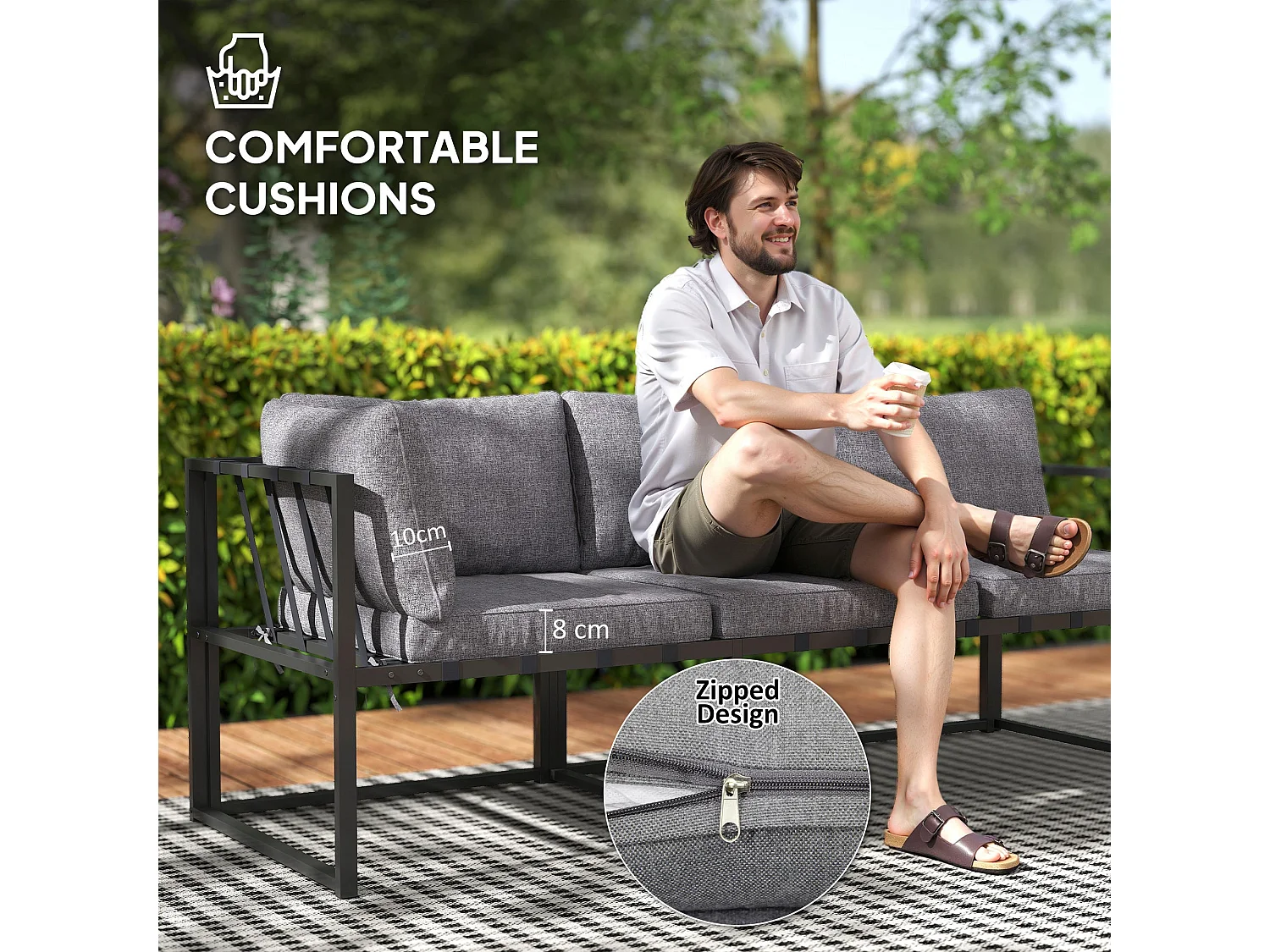 Liketti 5 Seater L Shaped Garden Sofa Set Grey and Black Cushions and Tempered Glass Table