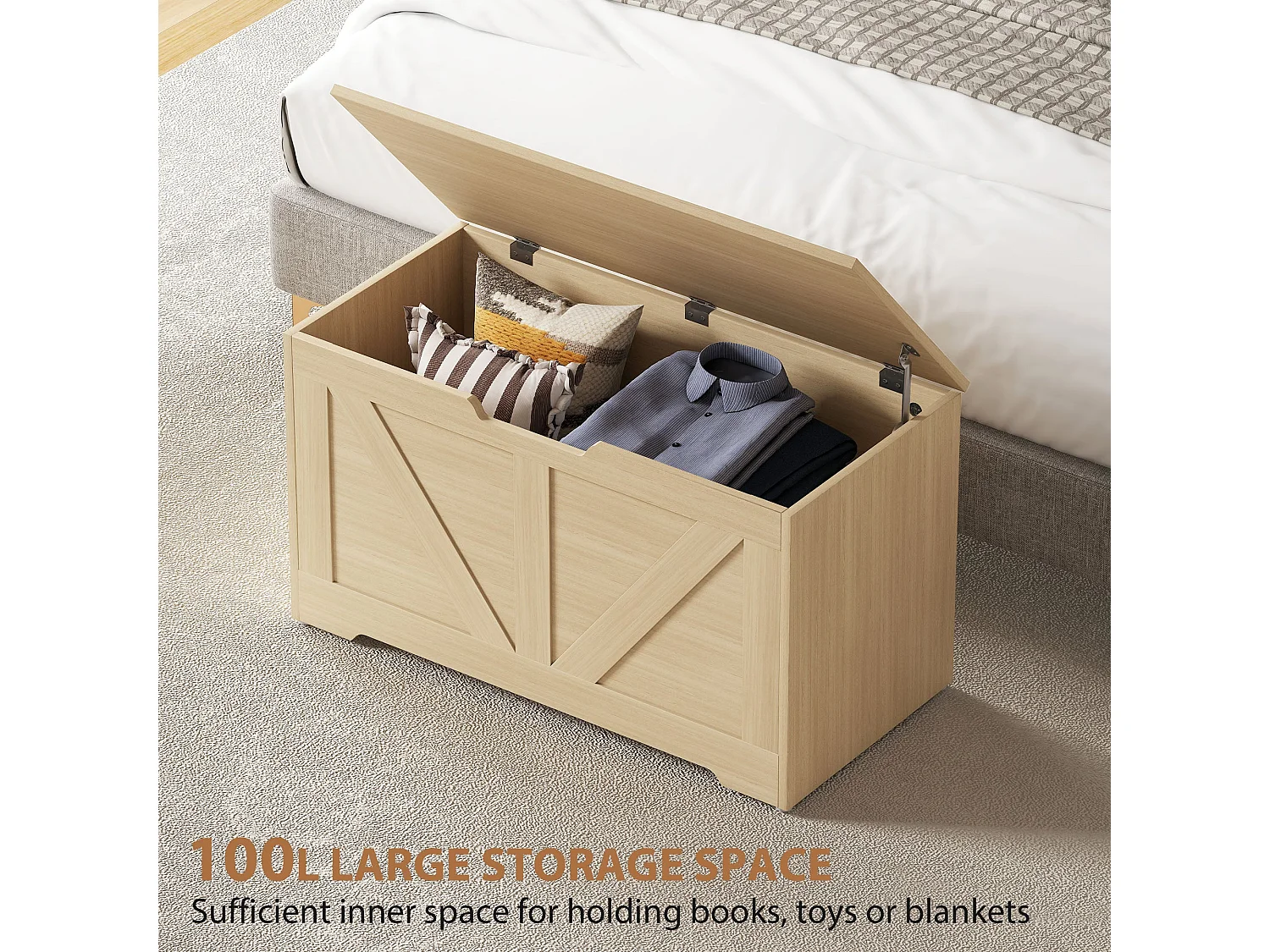 Yolu Vina 100L Natural Wood Effect Storage Chest with Safety Hinges
