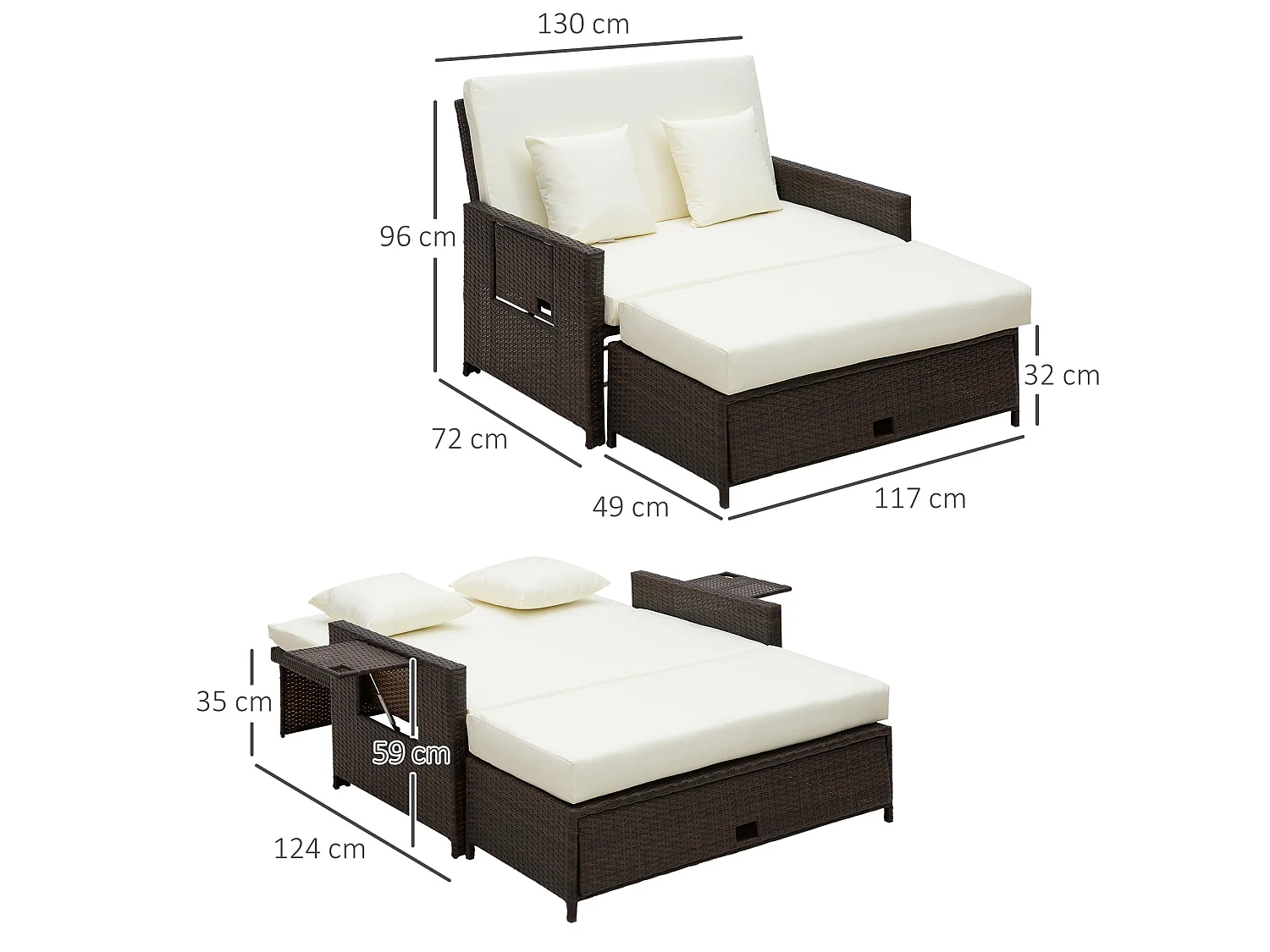 Fibadi Brown PE Rattan 2 Seater Outdoor Daybed with Adjustable Backrest