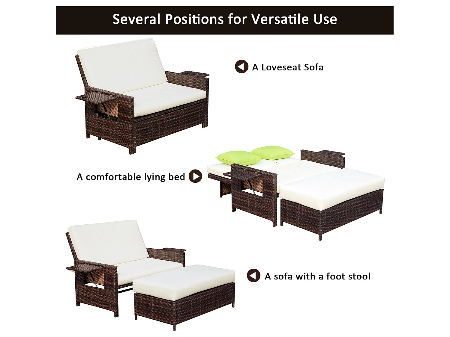 Fibadi Brown PE Rattan 2 Seater Outdoor Daybed with Adjustable Backrest