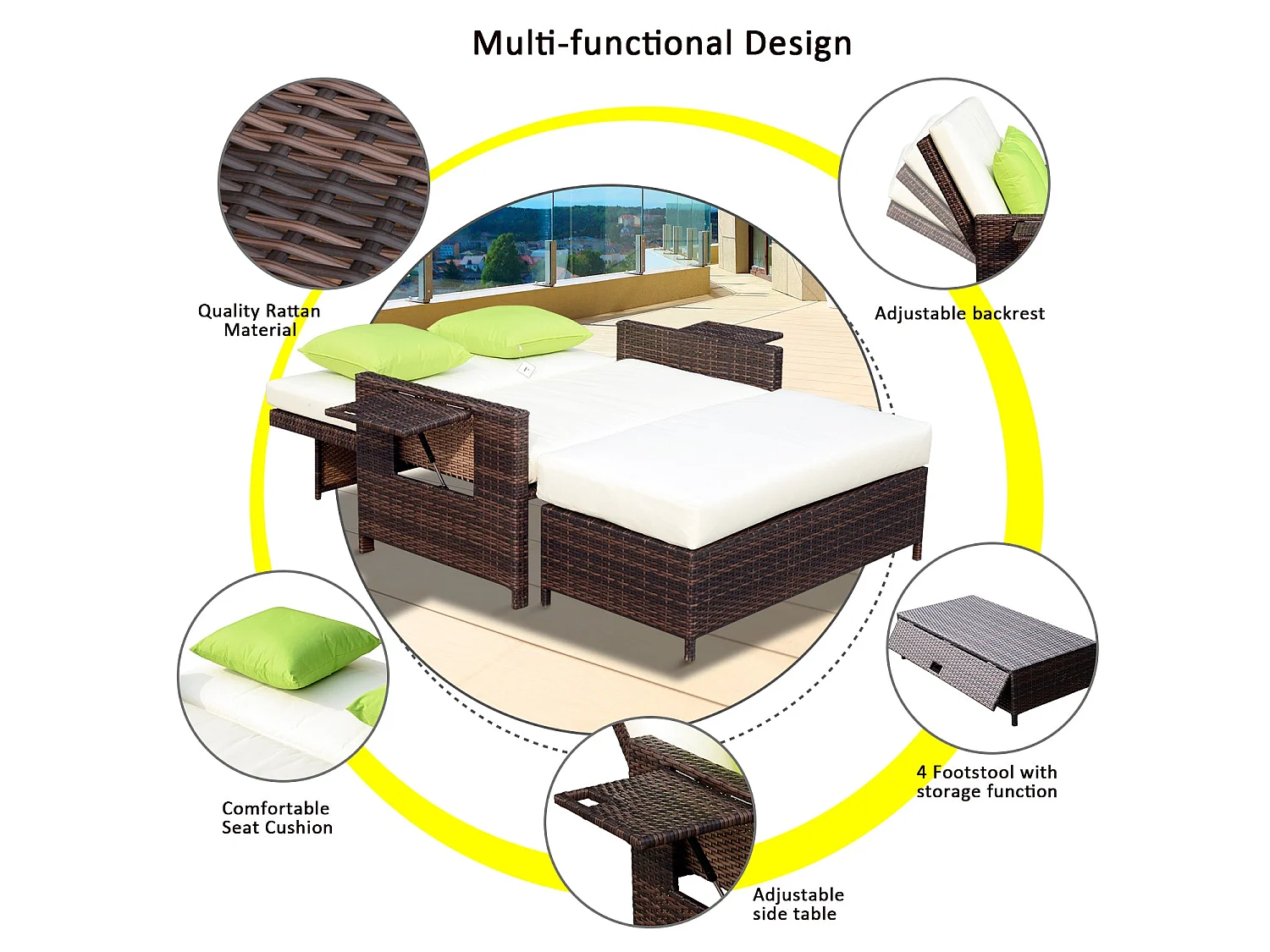 Fibadi Brown PE Rattan 2 Seater Outdoor Daybed with Adjustable Backrest