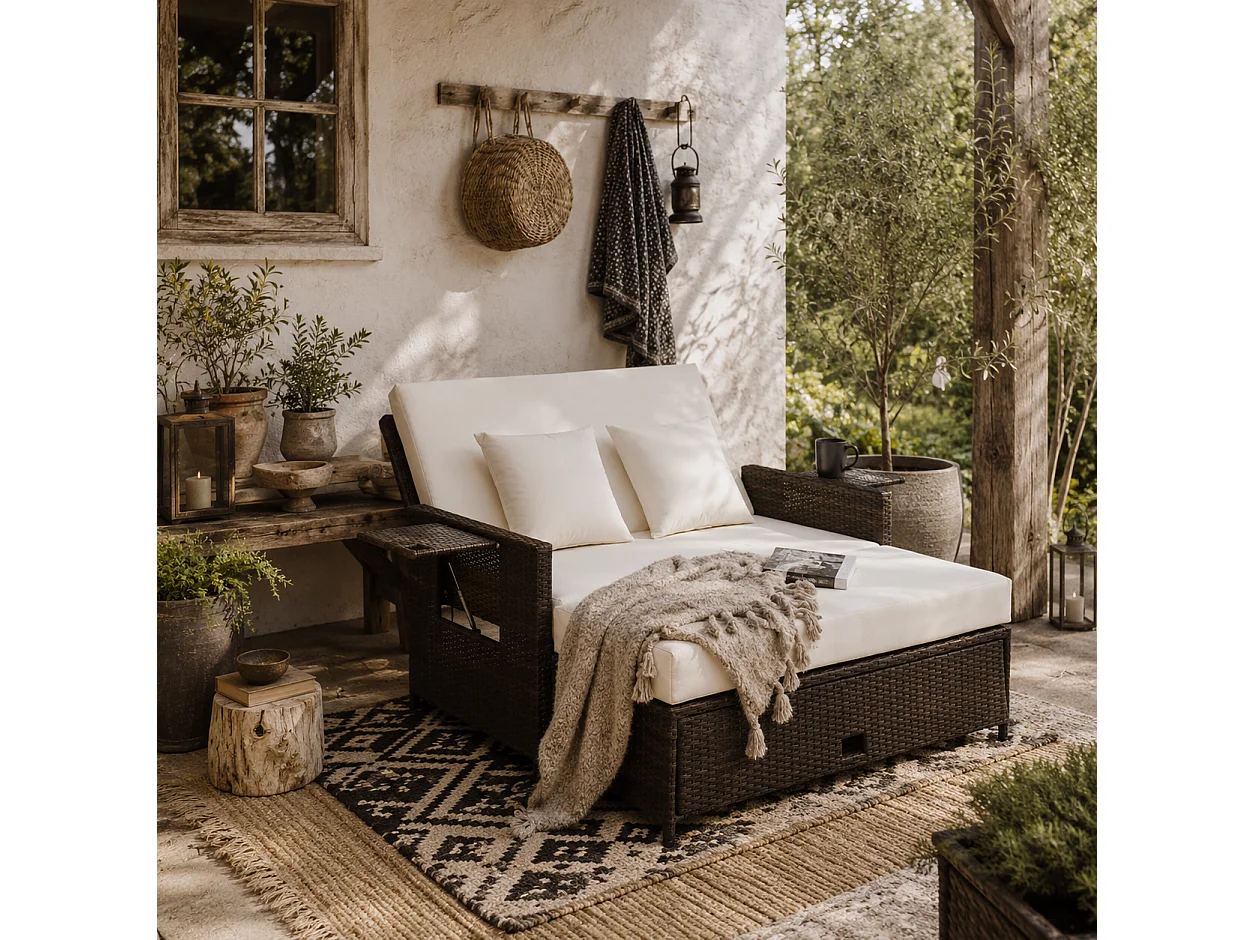 Fibadi Brown PE Rattan 2 Seater Outdoor Daybed with Adjustable Backrest