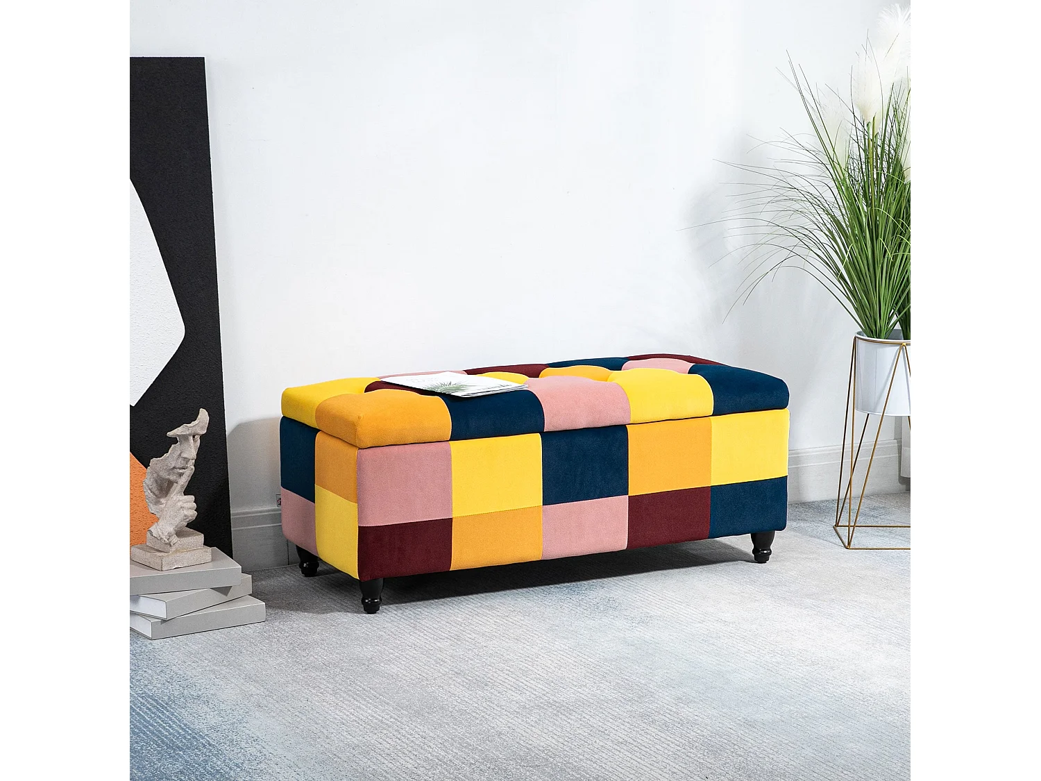 Tava Velvet Multicolour Storage Bench with Wooden Legs 114cm
