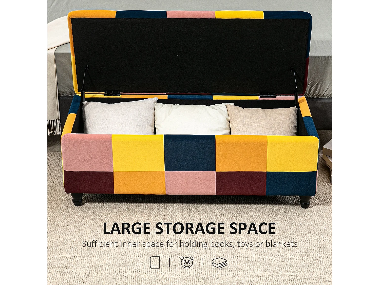 Tava Velvet Multicolour Storage Bench with Wooden Legs 114cm