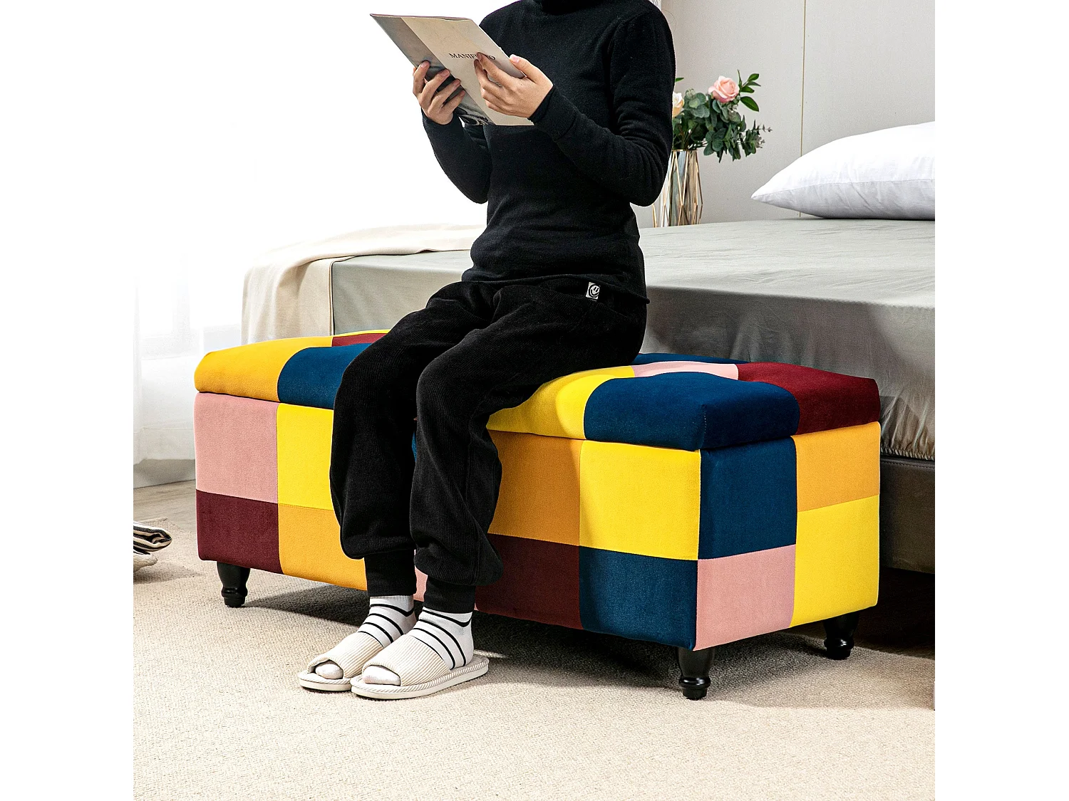 Tava Velvet Multicolour Storage Bench with Wooden Legs 114cm