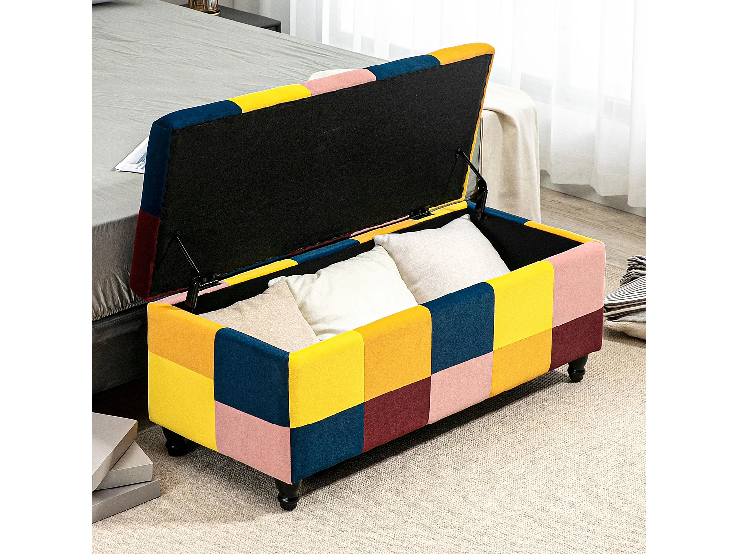 Tava Velvet Multicolour Storage Bench with Wooden Legs 114cm