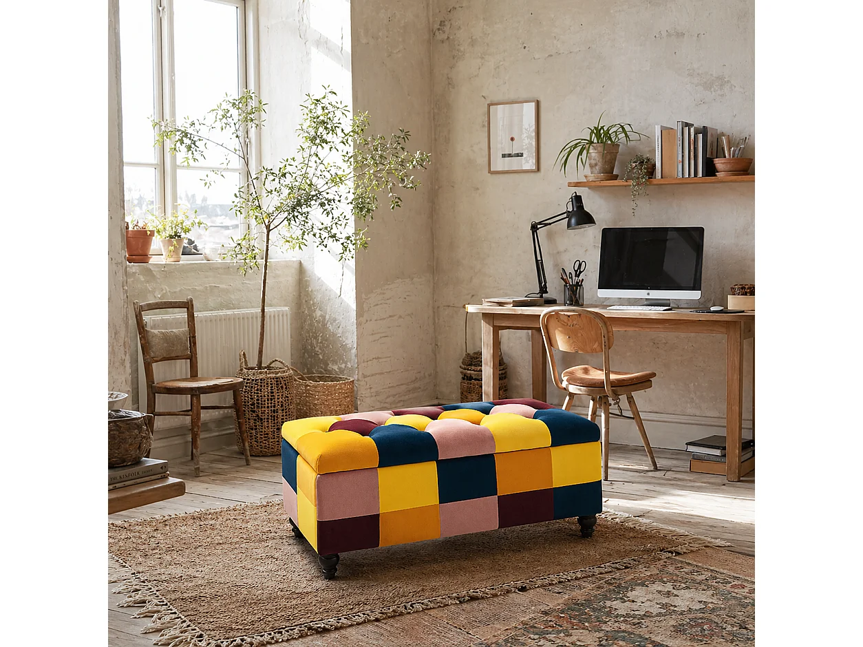 Tava Velvet Multicolour Storage Bench with Wooden Legs 114cm