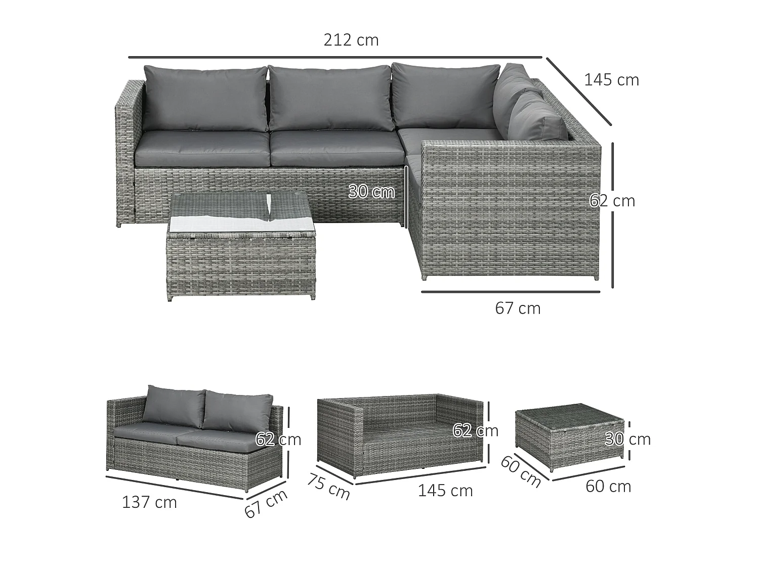 Laneri 4 Seater Modular Rattan Garden Sofa Set with Glass Coffee Table Grey