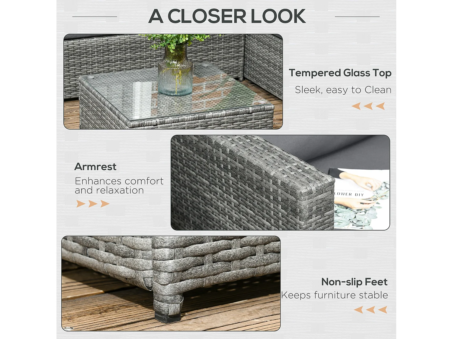 Laneri 4 Seater Modular Rattan Garden Sofa Set with Glass Coffee Table Grey