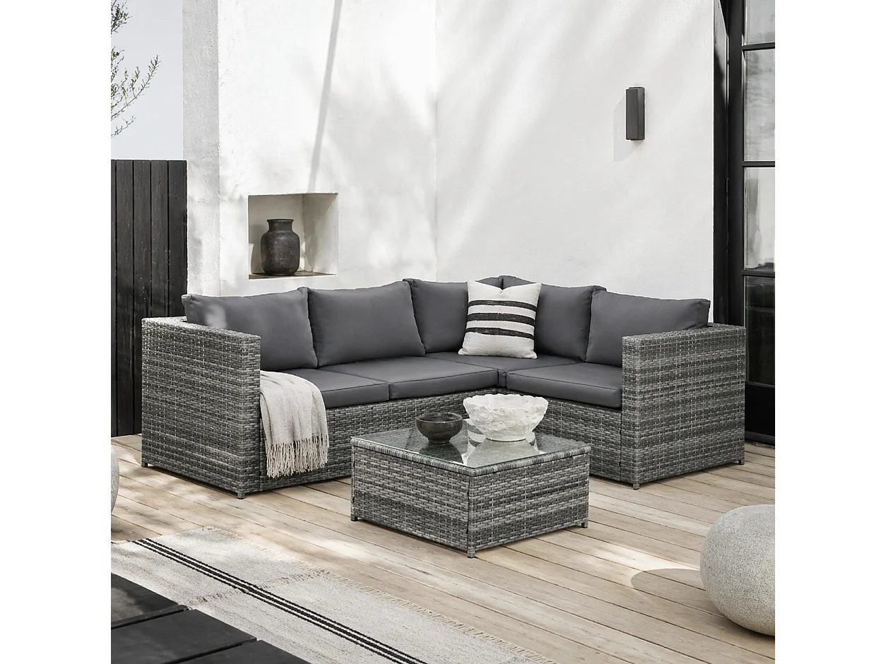 Laneri 4 Seater Modular Rattan Garden Sofa Set with Glass Coffee Table Grey