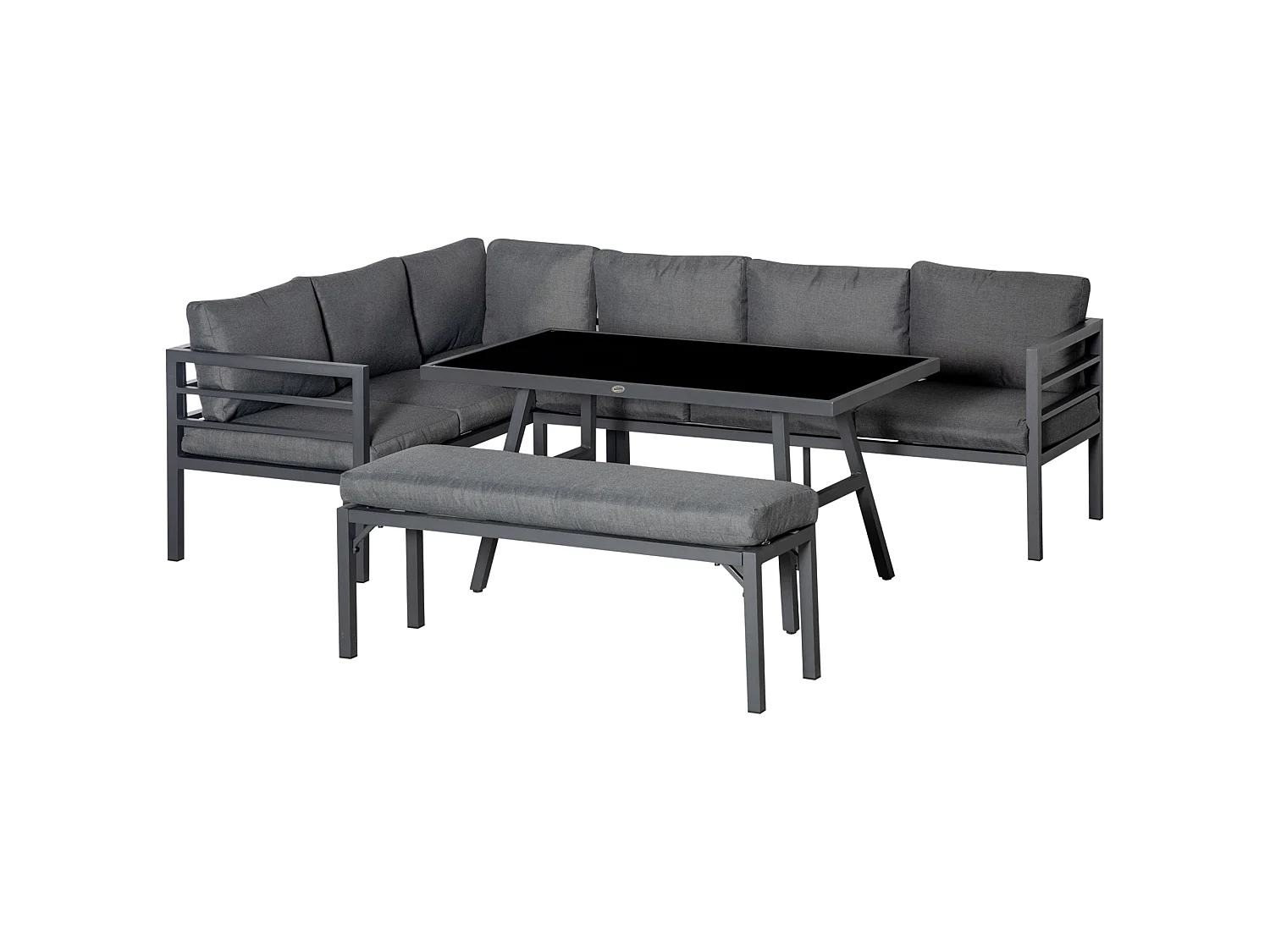 Rovama 8 Seater L Shaped Garden Furniture Set Grey Powder Coated Aluminium Wood Look Table