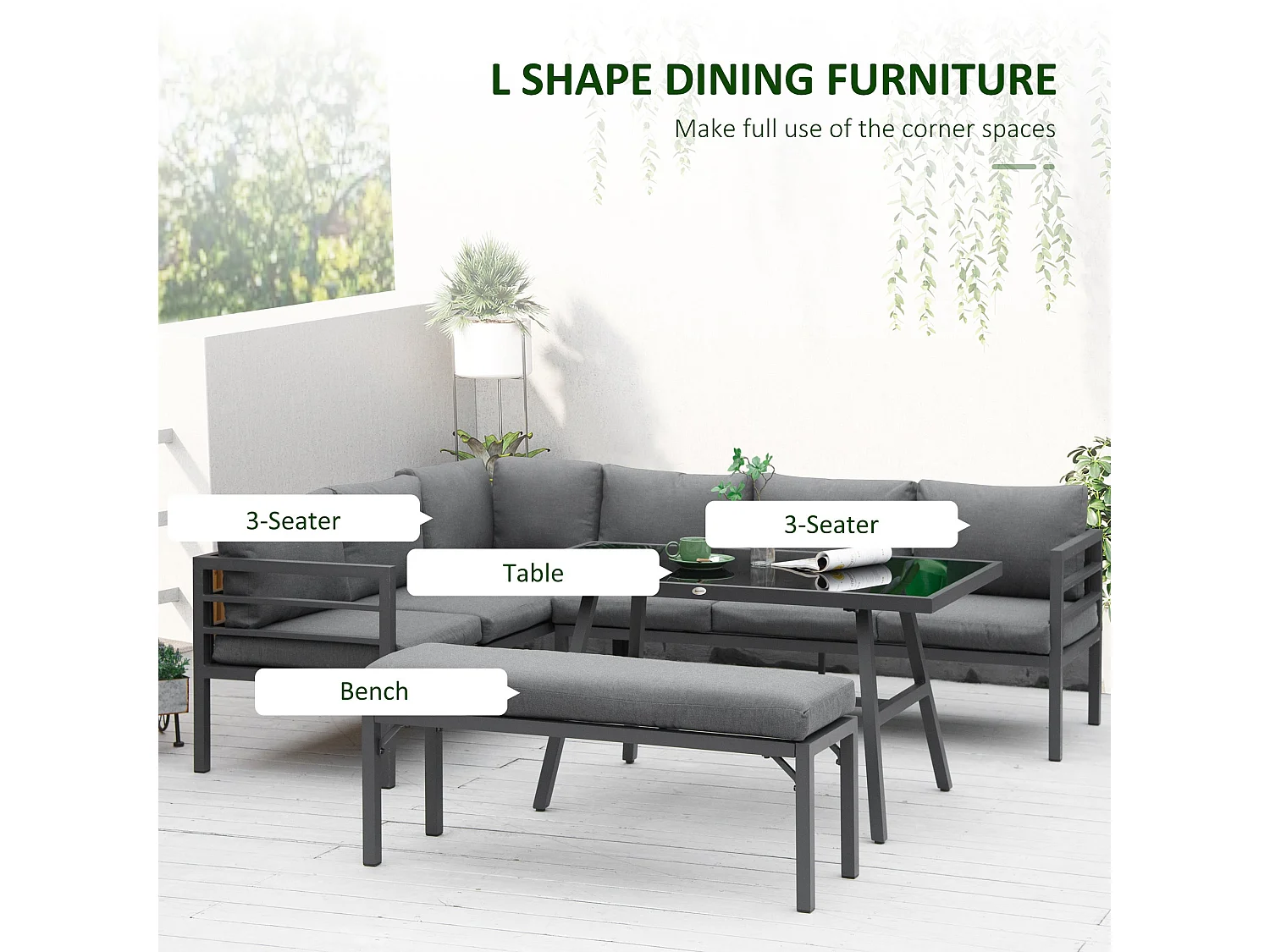 Rovama 8 Seater L Shaped Garden Furniture Set Grey Powder Coated Aluminium Wood Look Table