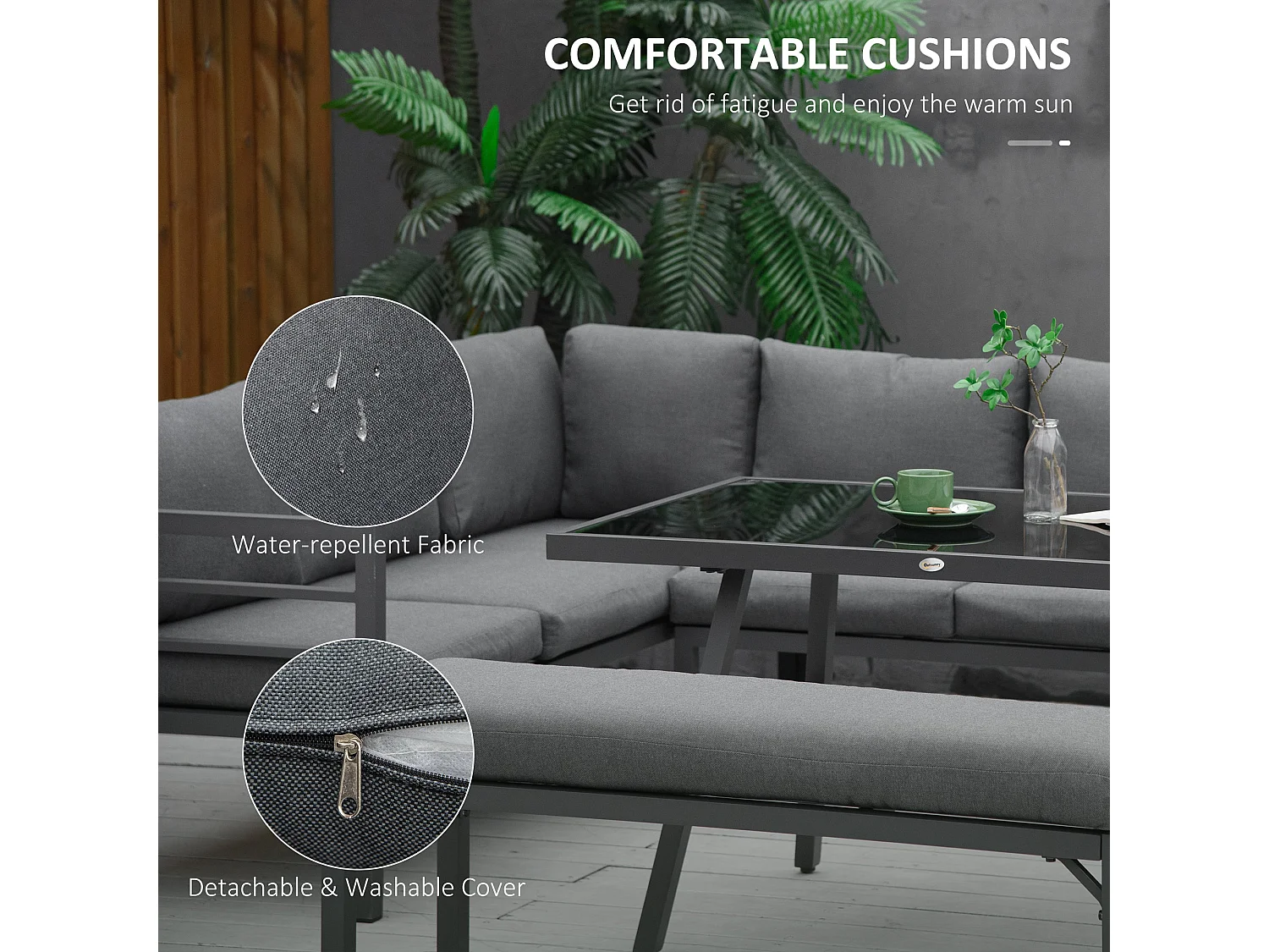 Rovama 8 Seater L Shaped Garden Furniture Set Grey Powder Coated Aluminium Wood Look Table