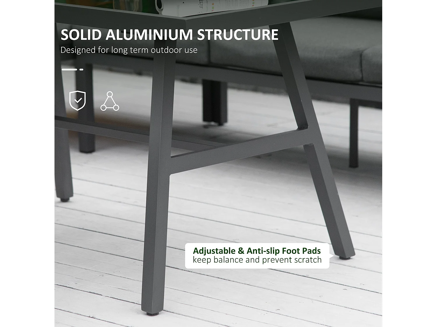 Rovama 8 Seater L Shaped Garden Furniture Set Grey Powder Coated Aluminium Wood Look Table