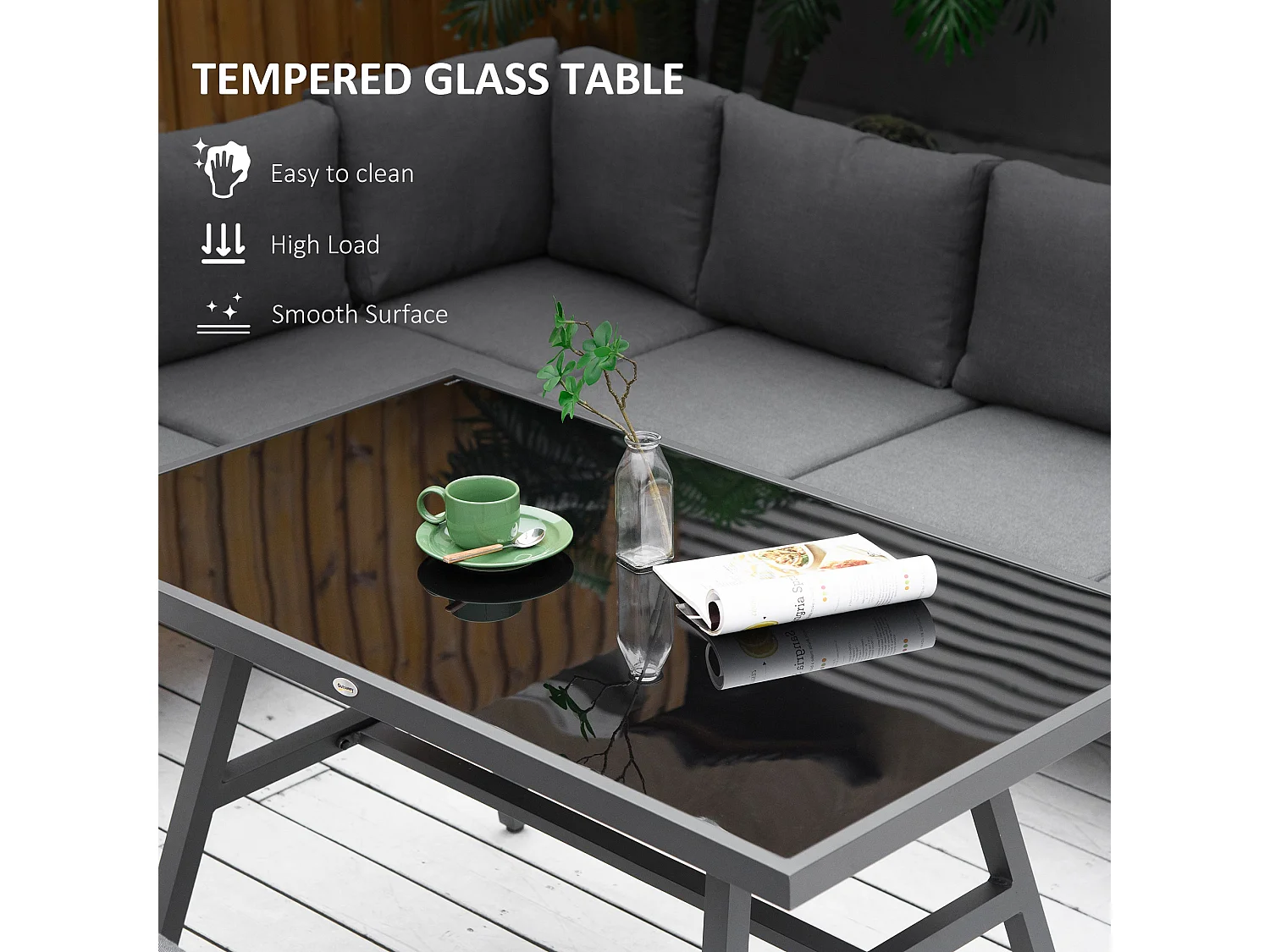 Rovama 8 Seater L Shaped Garden Furniture Set Grey Powder Coated Aluminium Wood Look Table