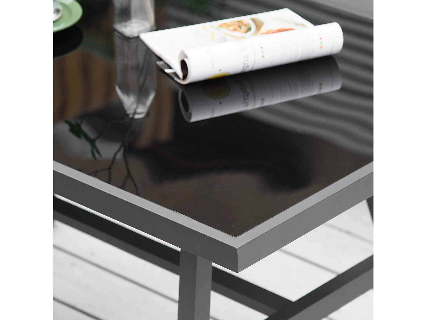 Rovama 8 Seater L Shaped Garden Furniture Set Grey Powder Coated Aluminium Wood Look Table