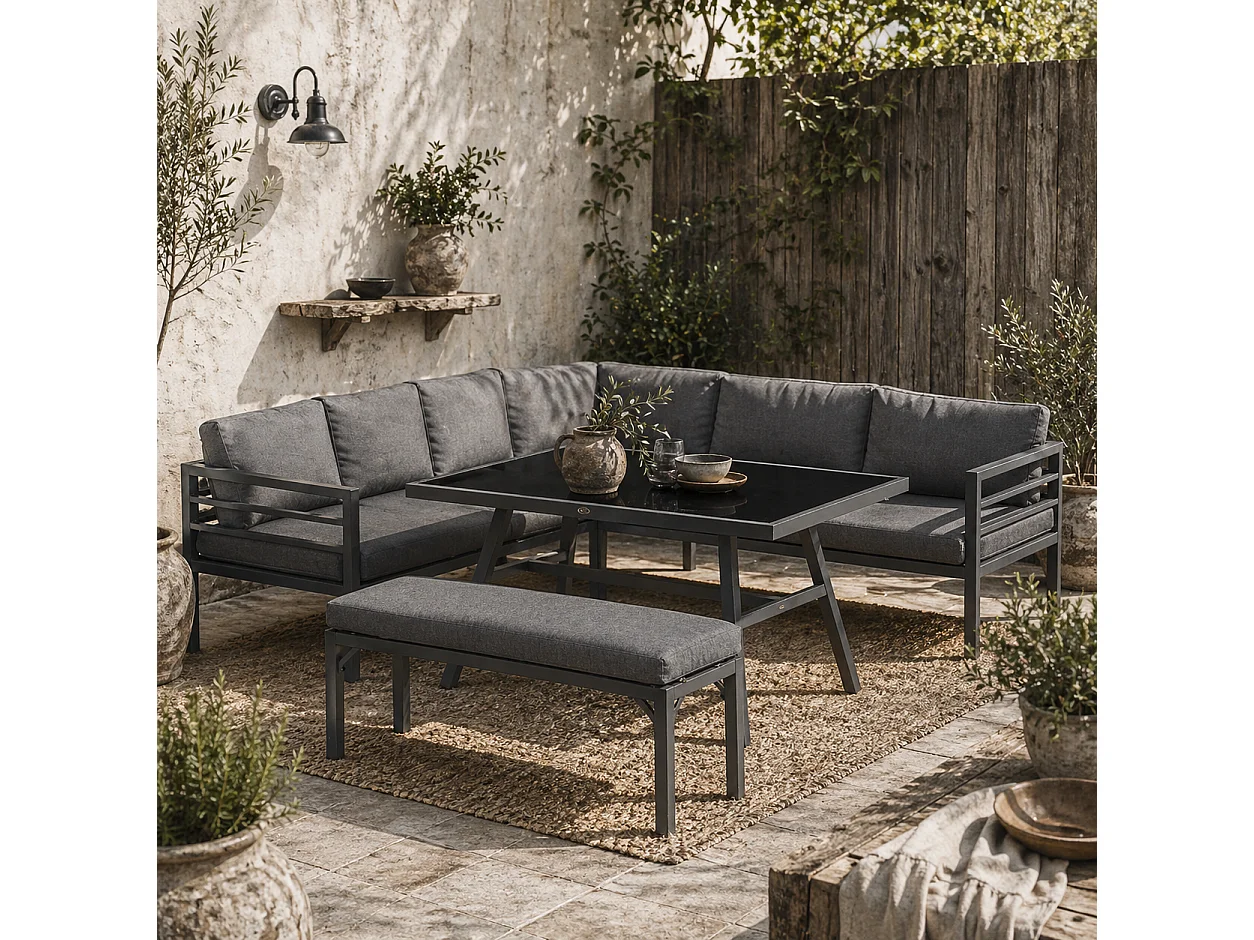 Rovama 8 Seater L Shaped Garden Furniture Set Grey Powder Coated Aluminium Wood Look Table