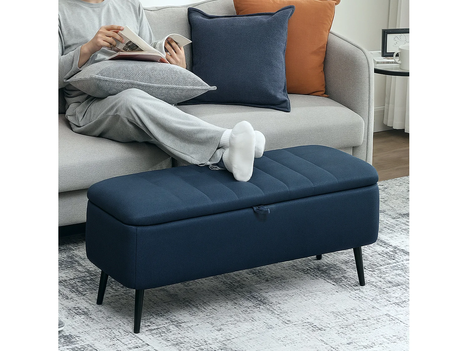 Sudina Linen Look Dark Blue Rectangle Storage Ottoman