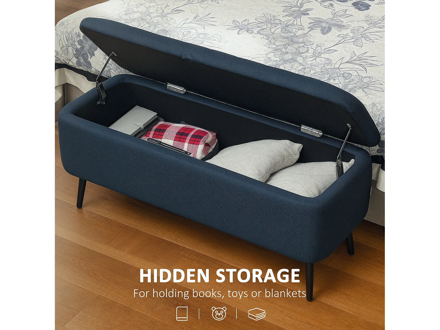 Sudina Linen Look Dark Blue Rectangle Storage Ottoman