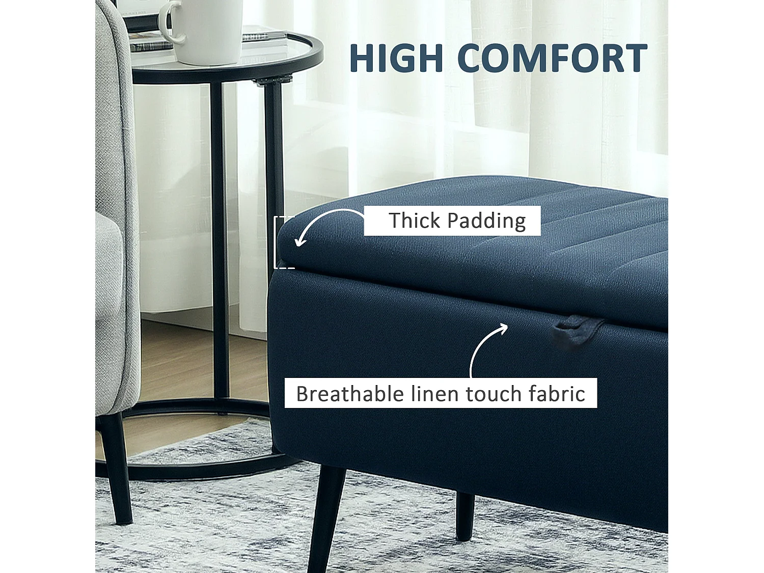 Sudina Linen Look Dark Blue Rectangle Storage Ottoman