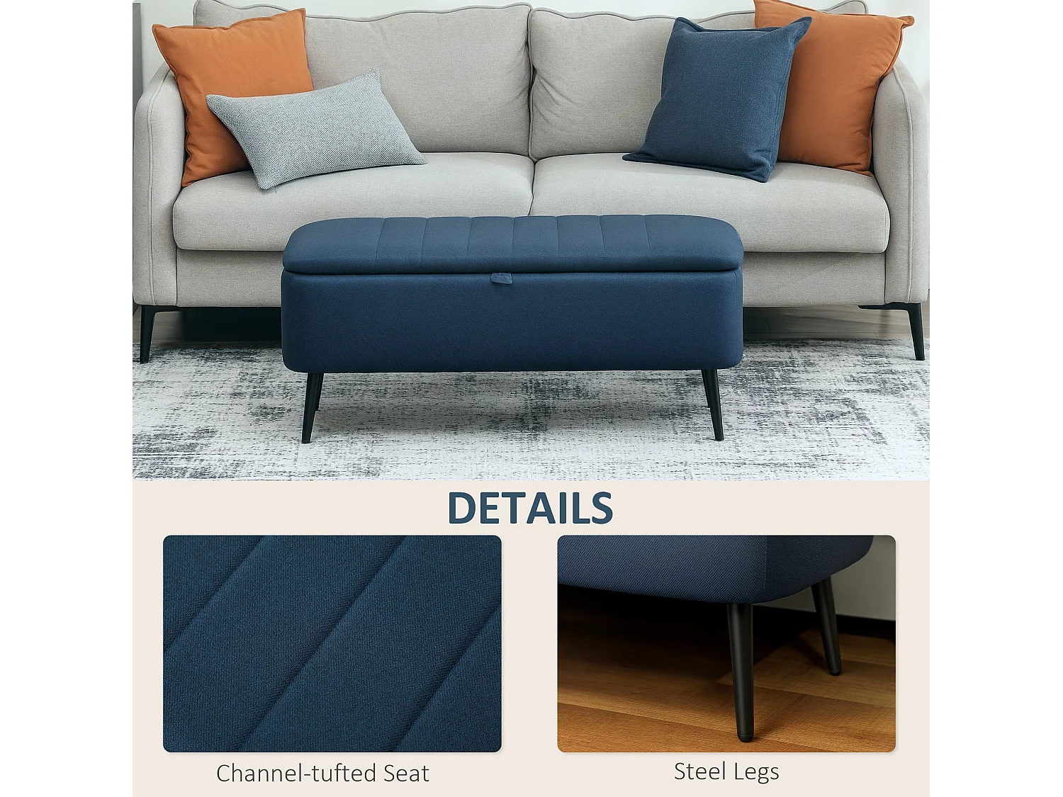 Sudina Linen Look Dark Blue Rectangle Storage Ottoman
