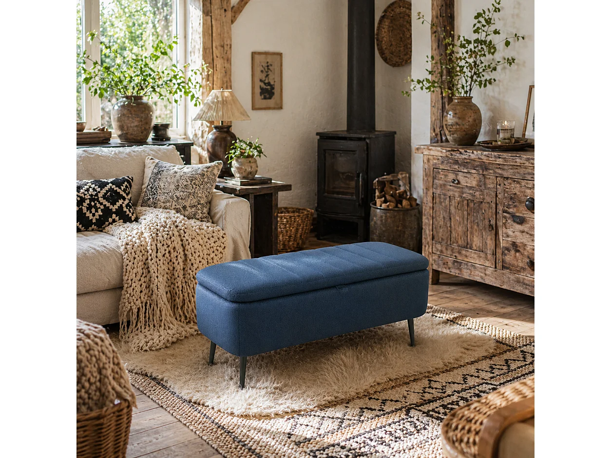 Sudina Linen Look Dark Blue Rectangle Storage Ottoman