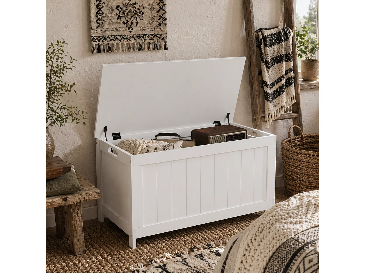 Halumo White Wooden Panelled Blanket Storage Chest 76 x 40 x 48cm