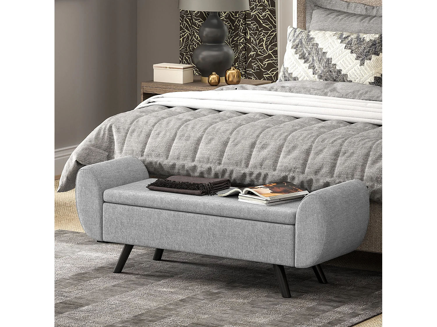 Nesama Linen Look Dark Grey Storage Bench with Armrests