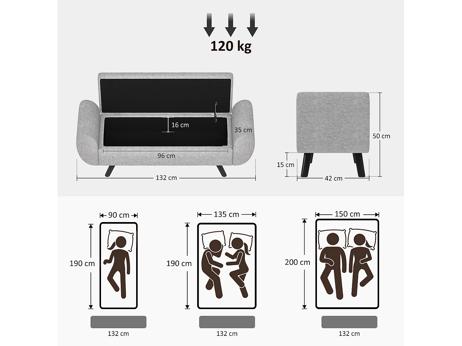 Nesama Linen Look Dark Grey Storage Bench with Armrests
