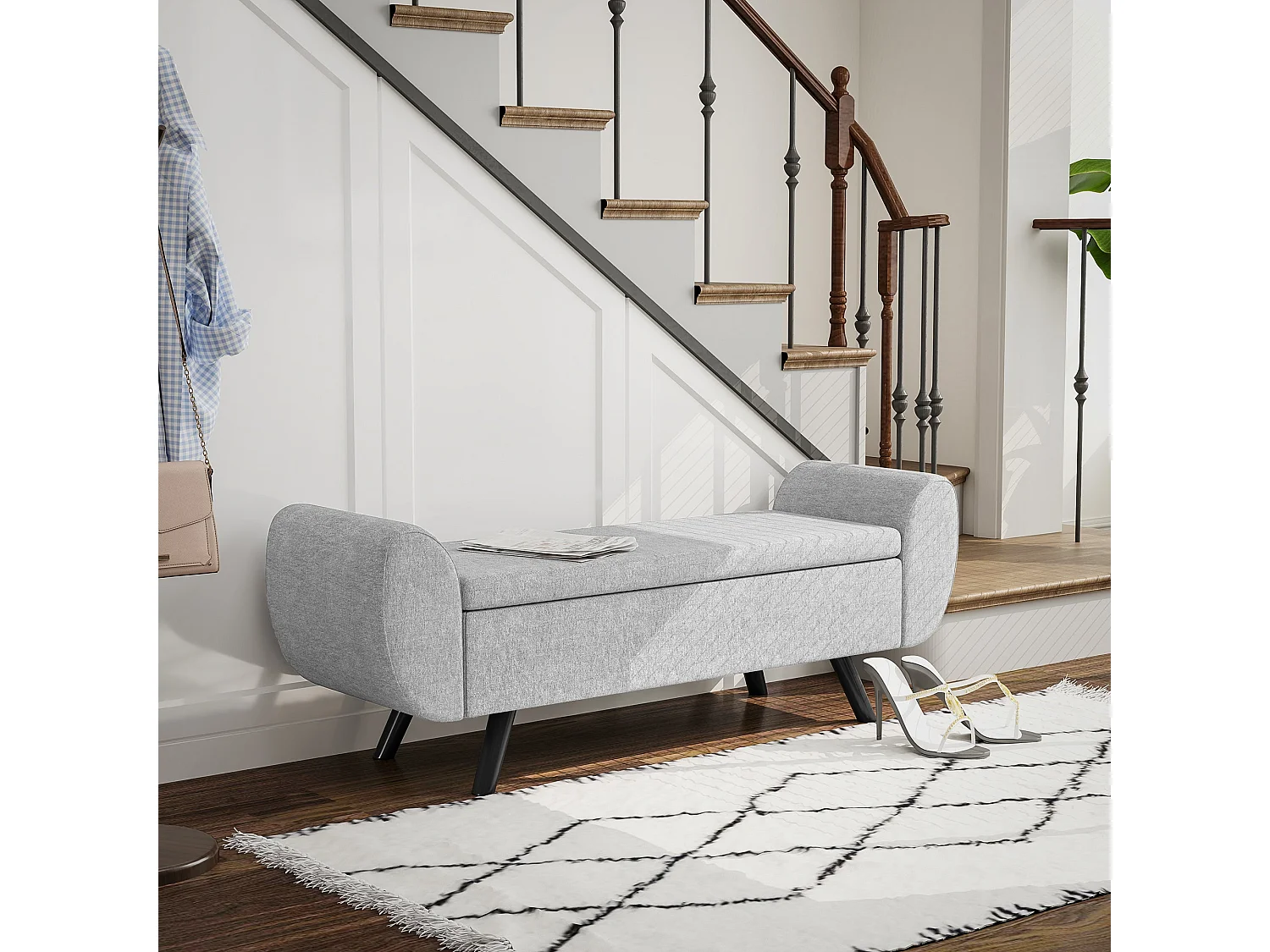 Nesama Linen Look Dark Grey Storage Bench with Armrests