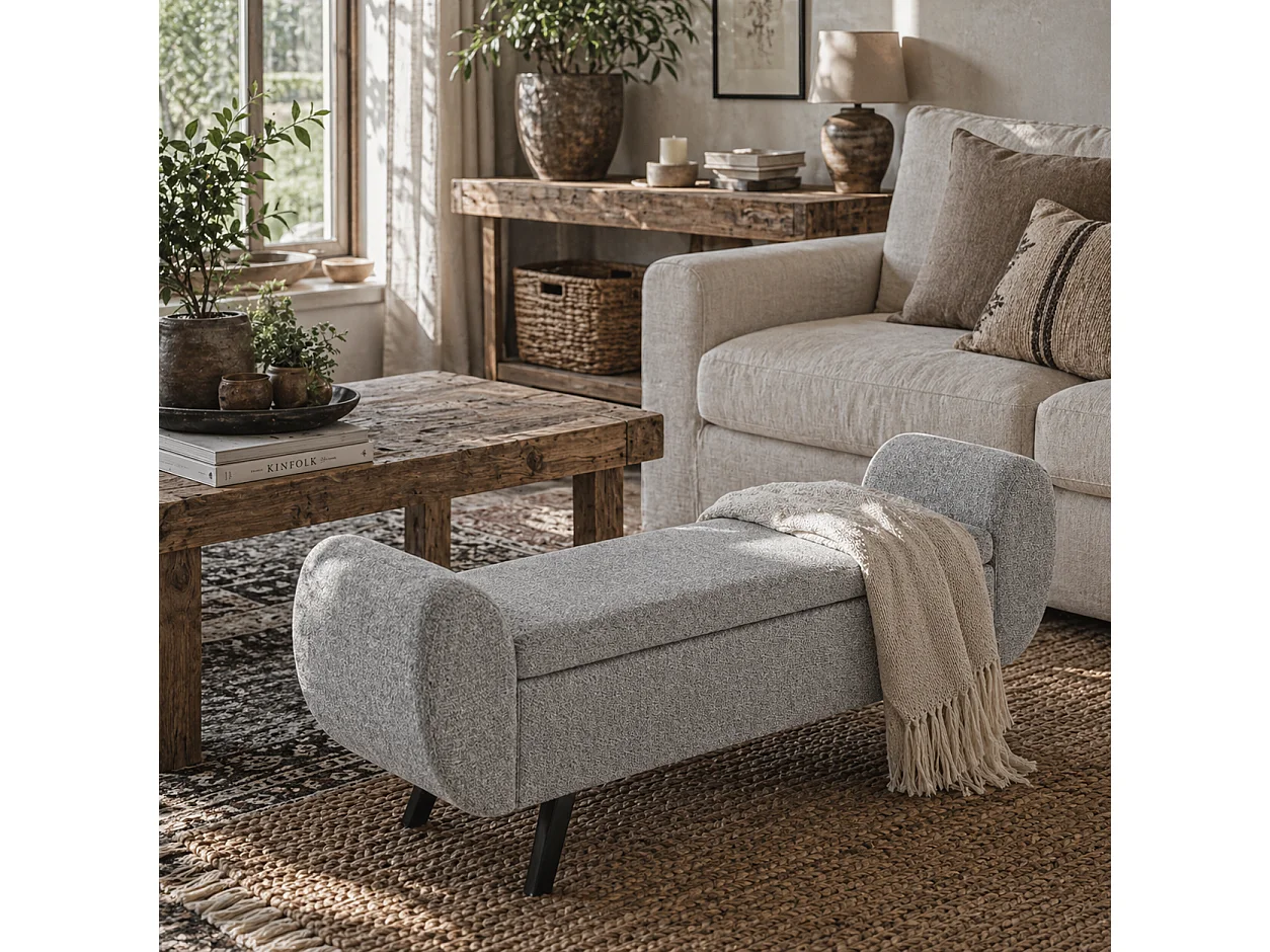 Nesama Linen Look Dark Grey Storage Bench with Armrests