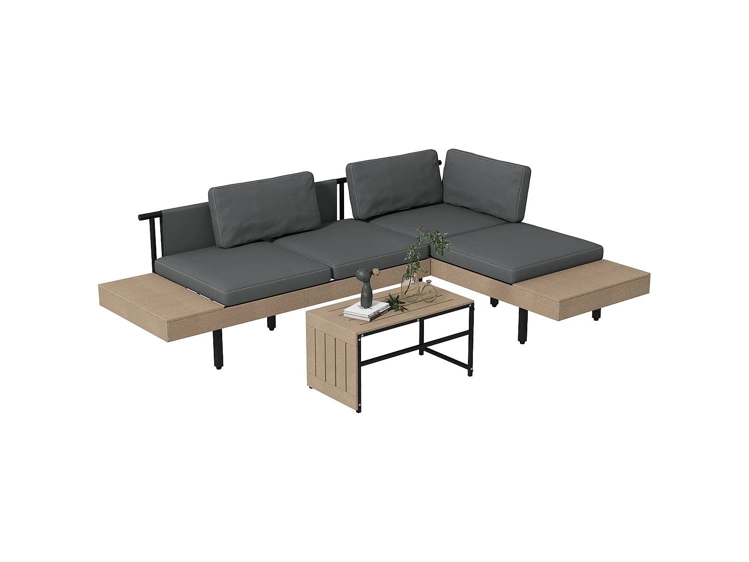 Vivino Metal Grey 3 Piece L Shaped Outdoor Sofa Set with Coffee Table and 2 Loveseats