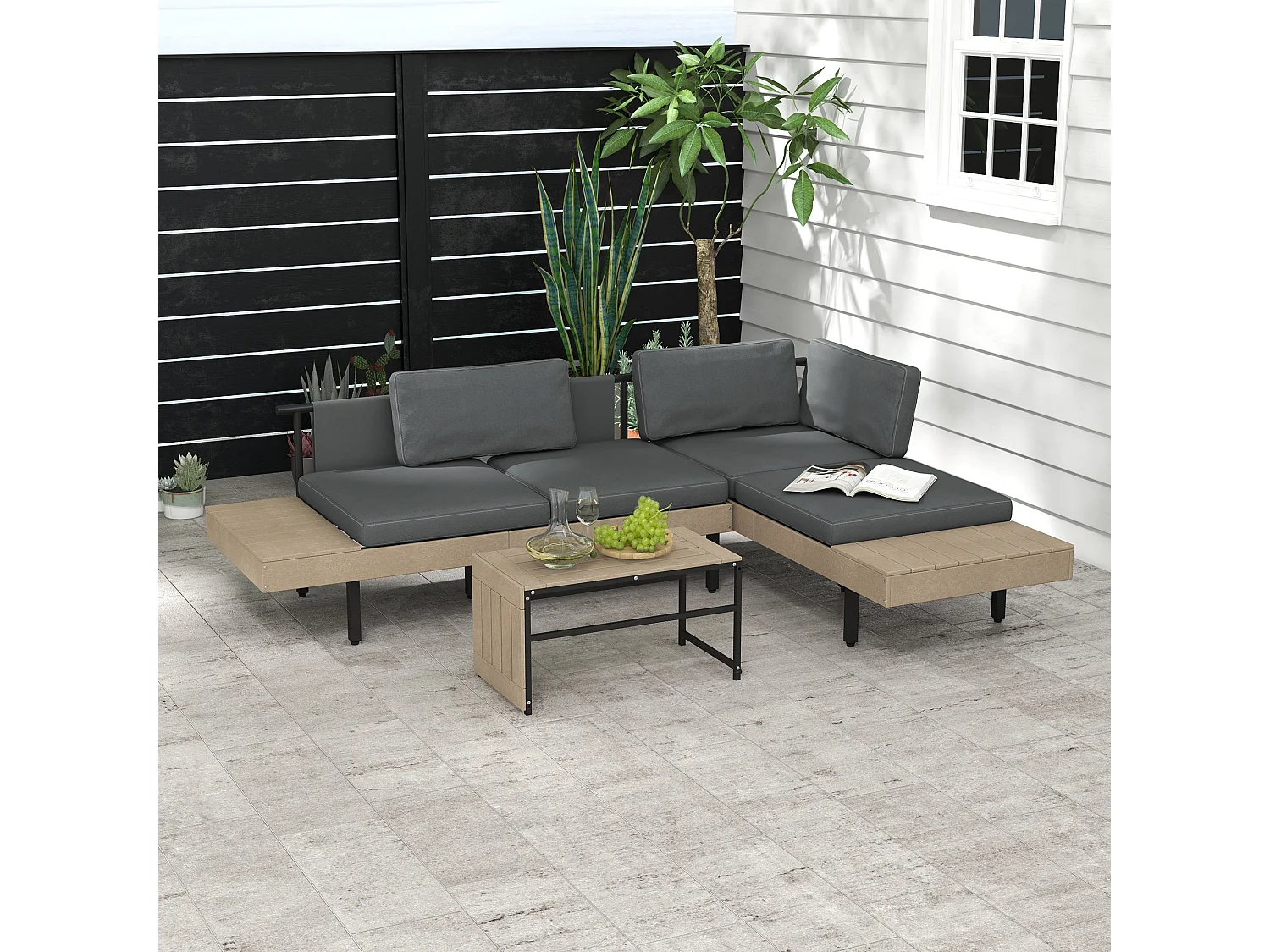 Vivino Metal Grey 3 Piece L Shaped Outdoor Sofa Set with Coffee Table and 2 Loveseats