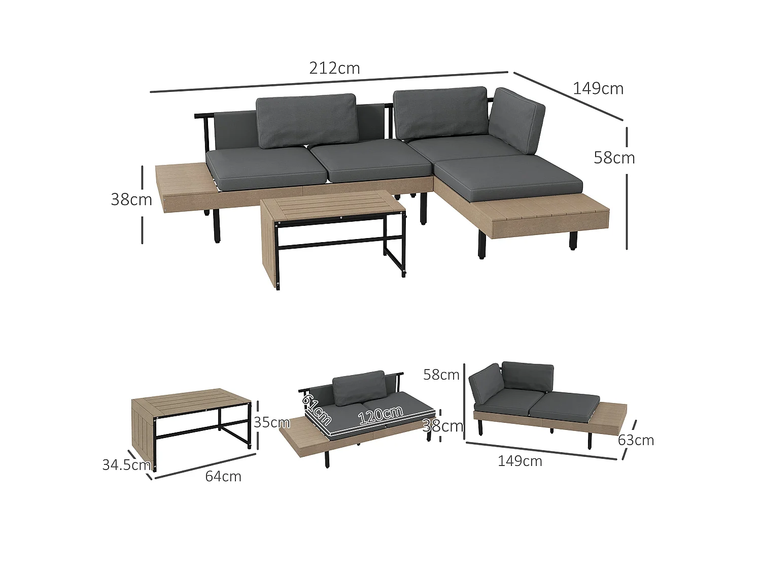 Vivino Metal Grey 3 Piece L Shaped Outdoor Sofa Set with Coffee Table and 2 Loveseats