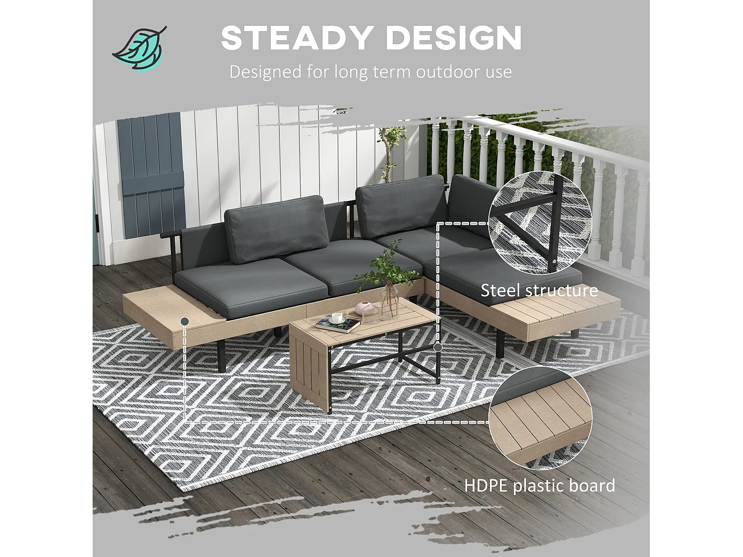Vivino Metal Grey 3 Piece L Shaped Outdoor Sofa Set with Coffee Table and 2 Loveseats