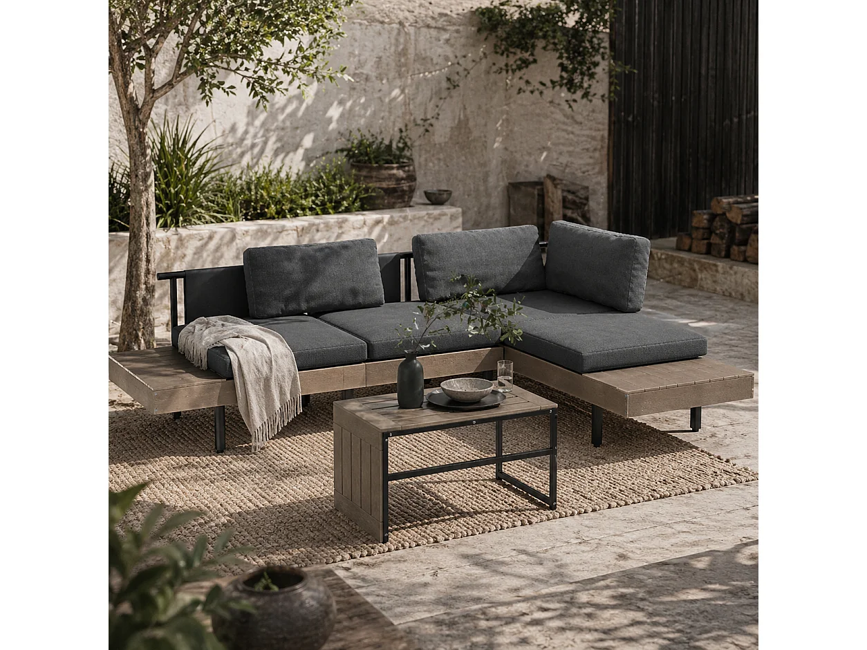 Vivino Metal Grey 3 Piece L Shaped Outdoor Sofa Set with Coffee Table and 2 Loveseats